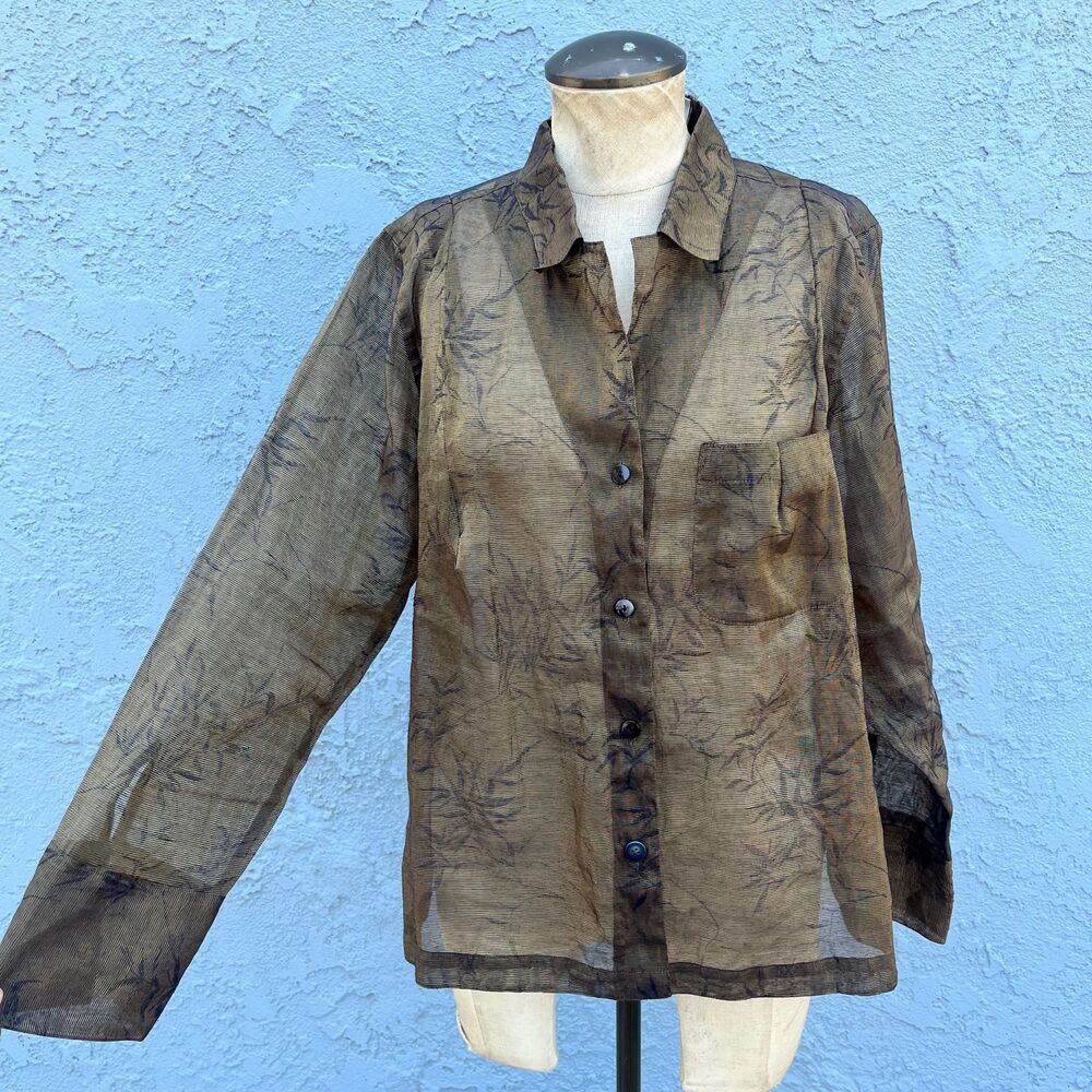 Chicos Blouse Olive green Size M/L bamboo print lagenlook semi sheer